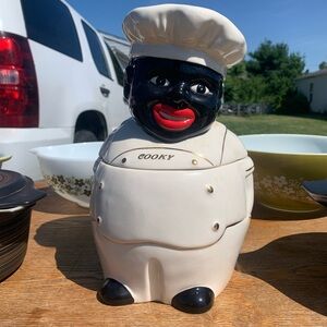 Pearl China Co “Cooky” Americana Cookie Jar Vintage 1940s Hand Dec w/22kt Gold.